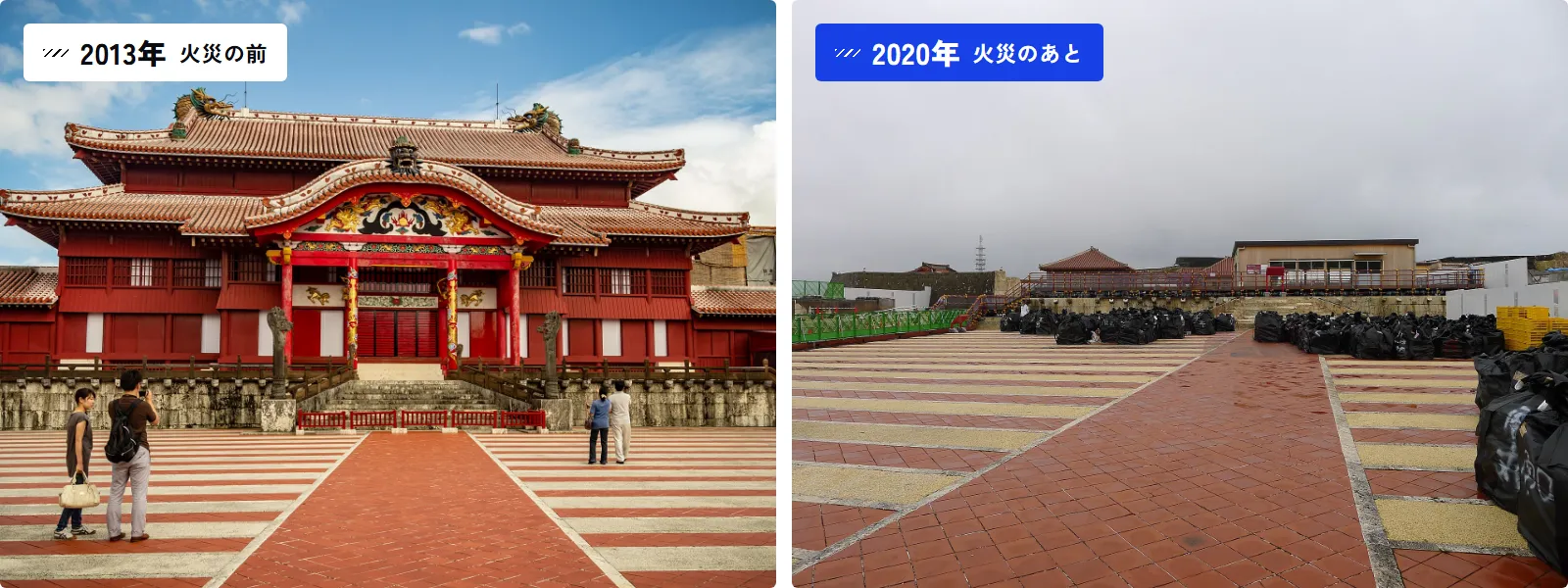 左は2013年の首里城正殿と御庭、右は火災のあとの2020年12月に同じ御庭から見た様子で、正殿は無く、がれきの袋が並んでいる