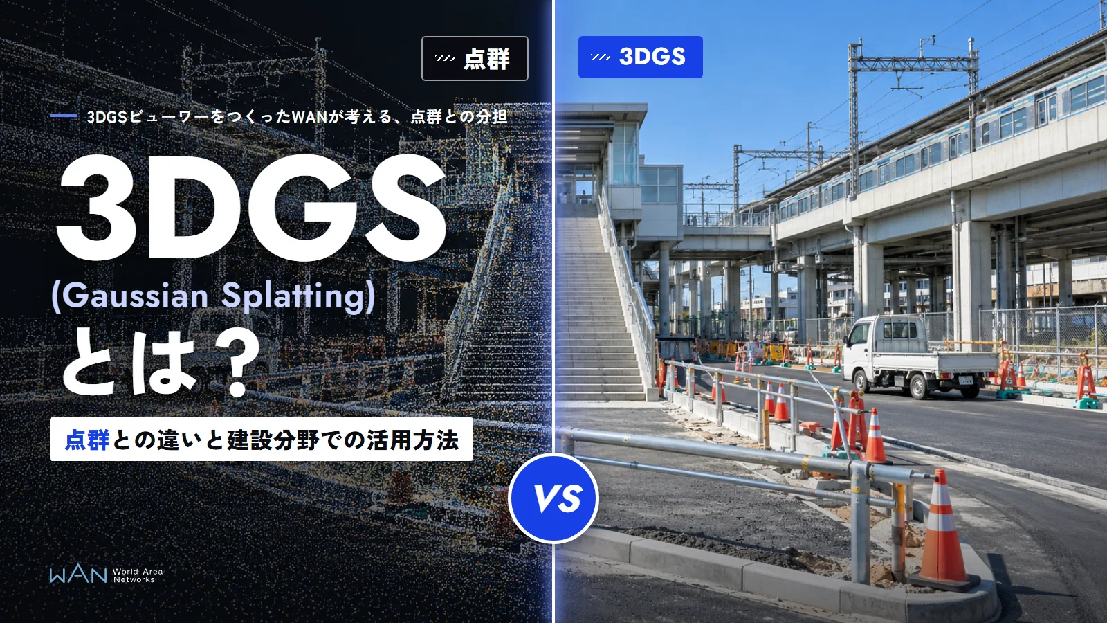 左に点群、右に3DGSで再現した駅前の工事現場を並べ、記事の題名「3DGS（Gaussian Splatting）とは？ 点群との違いと建設分野での活用方法」を重ねた画像