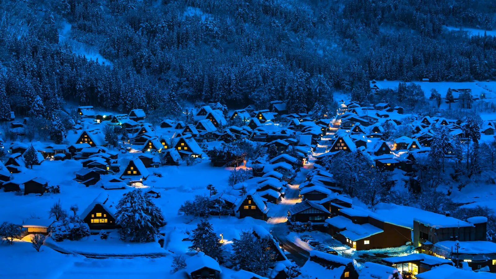 雪に覆われた合掌造りの集落の窓に、明かりがともっている夜景