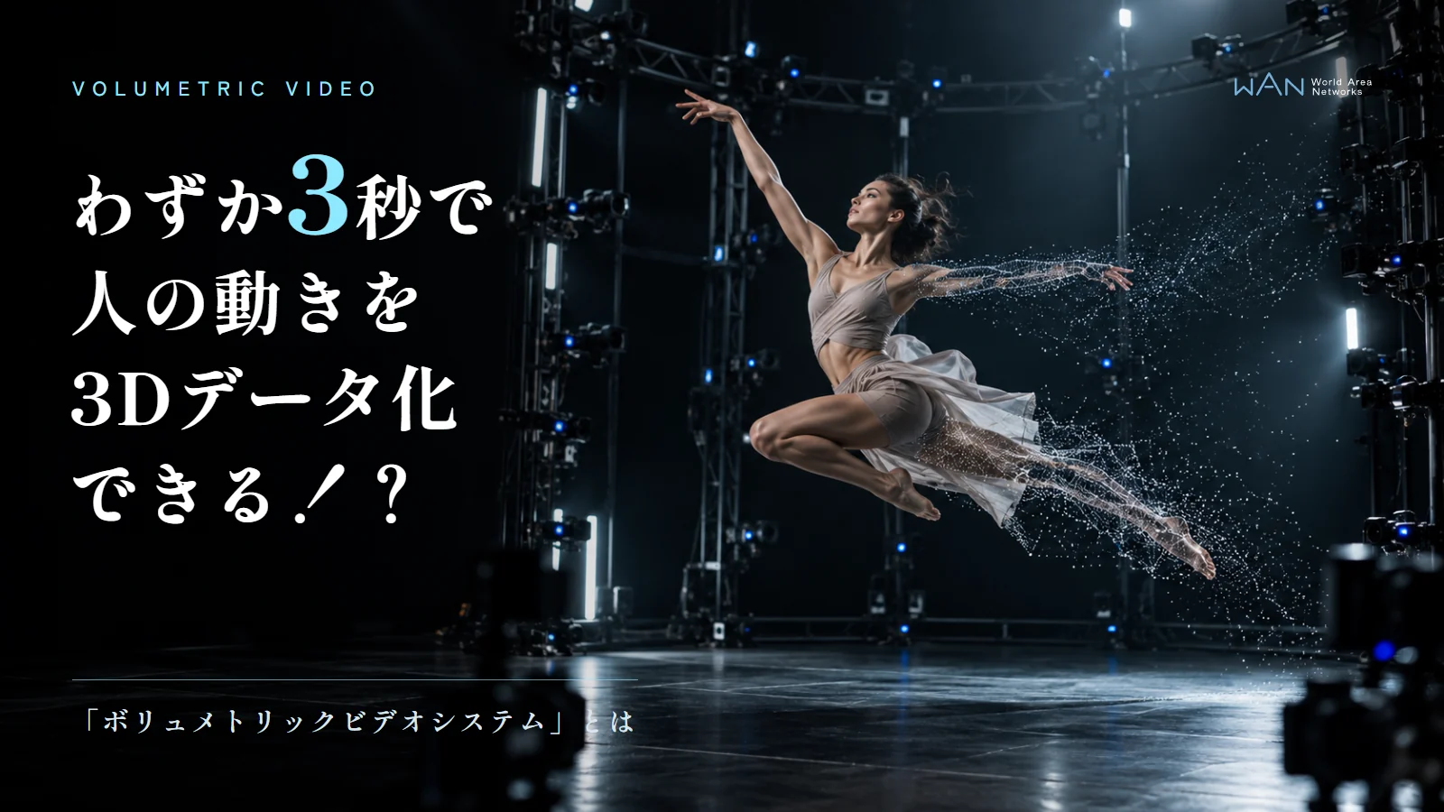 円形に組んだ撮影用の骨組みに多数のカメラが並ぶ暗いスタジオで、跳び上がったダンサーの手足が光る点の粒にほどけていく写真風の画像に、「VOLUMETRIC VIDEO」「わずか3秒で人の動きを3Dデータ化できる!?」「「ボリュメトリックビデオシステム」とは」の文字を重ねた画像